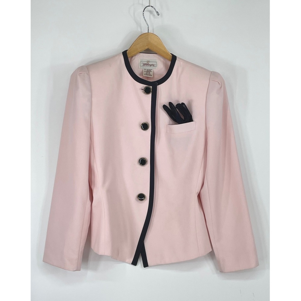 Vintage Worthington Womens Blazer 4 Jacket Pink Black Trim Faux Glove Detail USA